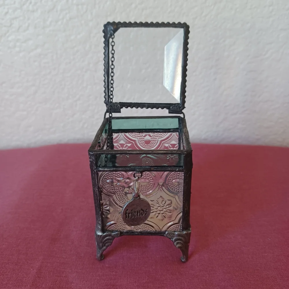 J Devlin Jewelry Keepsake Trinket Box Glass & Metal Friends Charm Vintage 2000